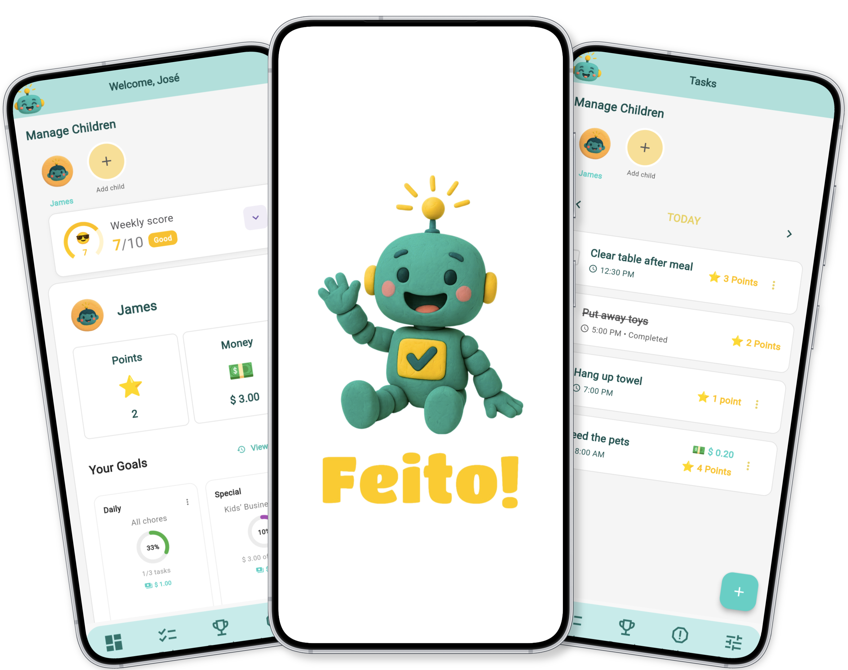 Feito! app interface showing family task management with colorful and friendly design