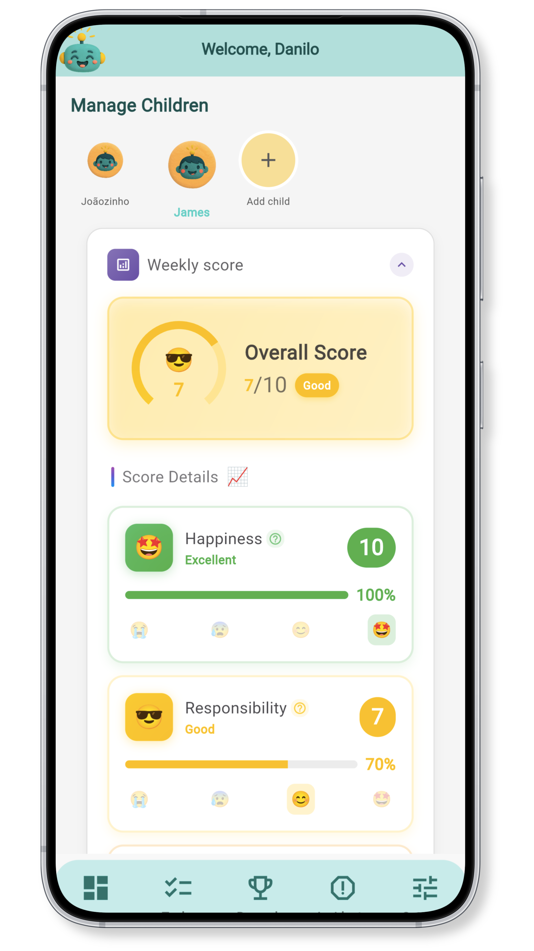 Step 3: Home dashboard showing family overview with completed tasks and rewards