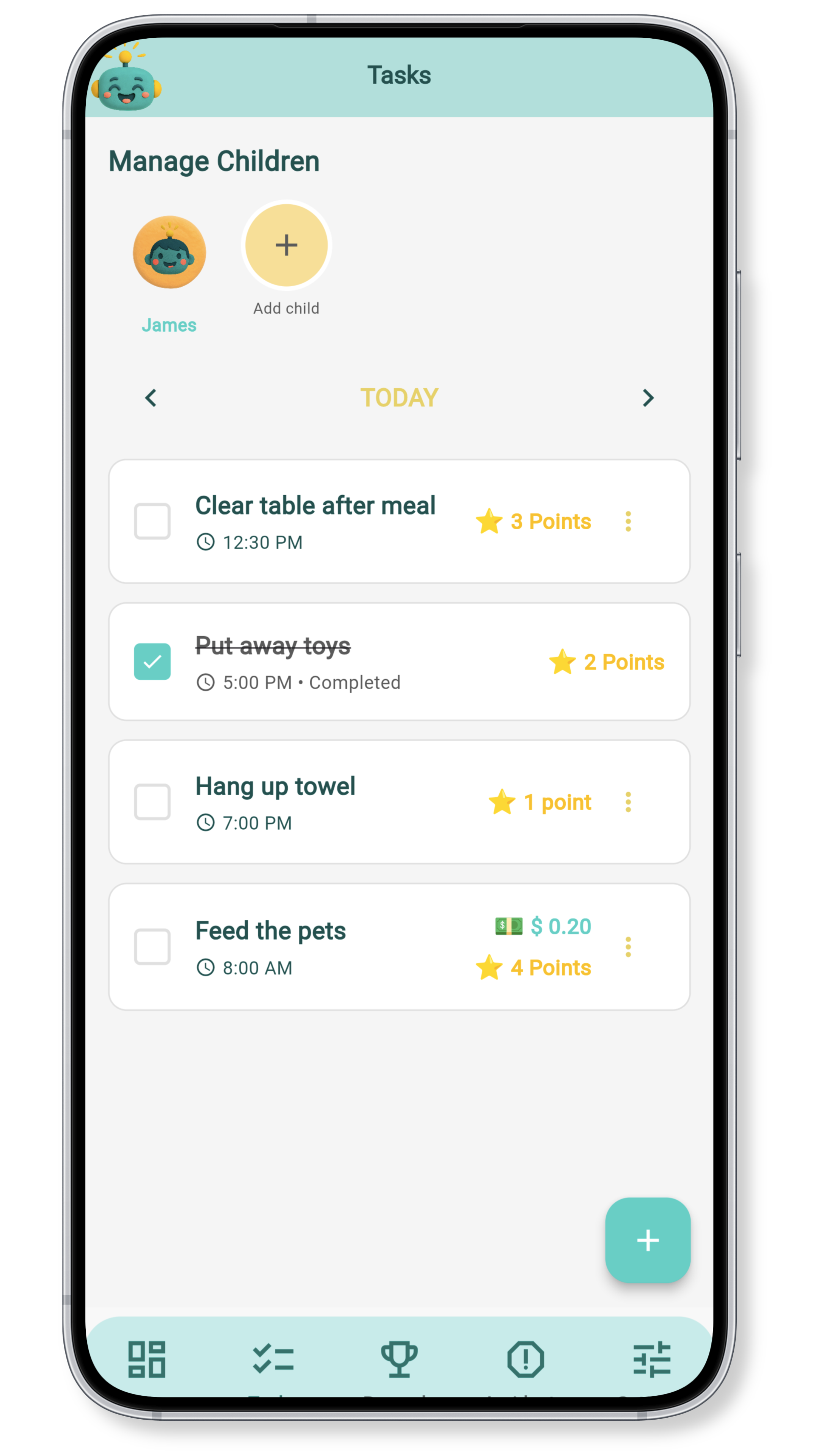 Step 2: Tasks management screen showing daily activities and progress tracking