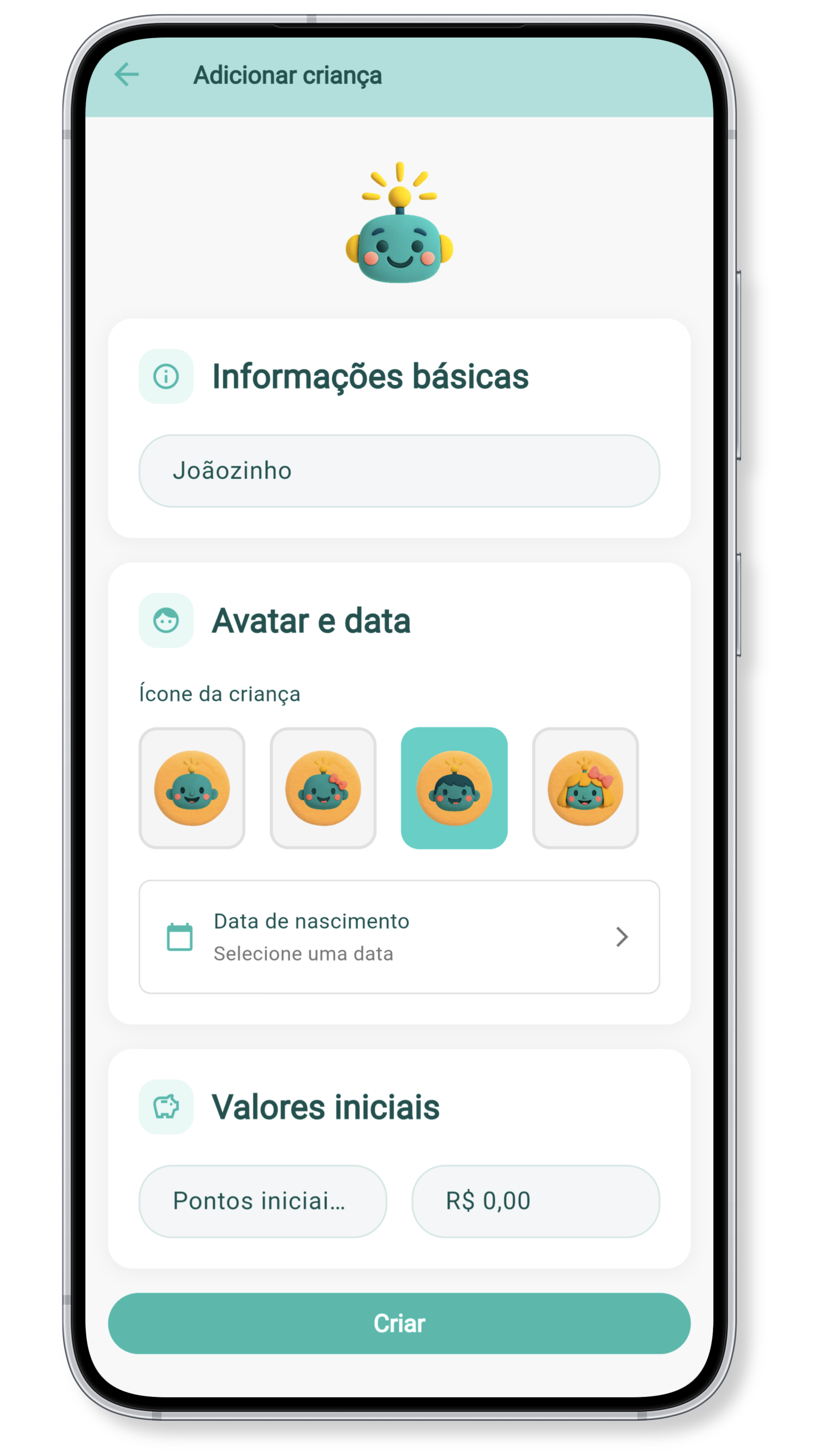 Passo 1: Tela de adicionar perfil da criança com seleção de nome, idade e emoji