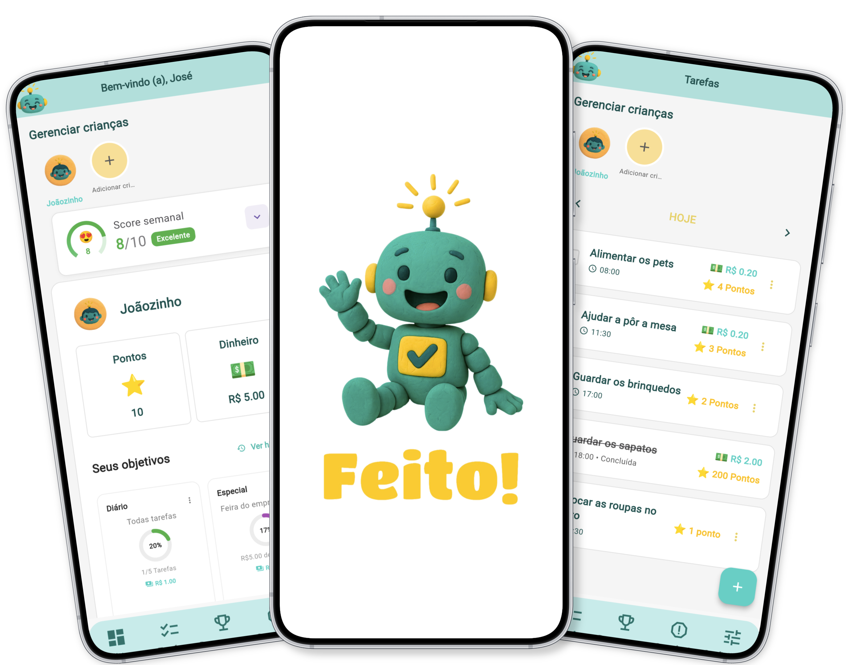 Interface do app Feito! mostrando gerenciamento de tarefas familiares com design colorido e amigável