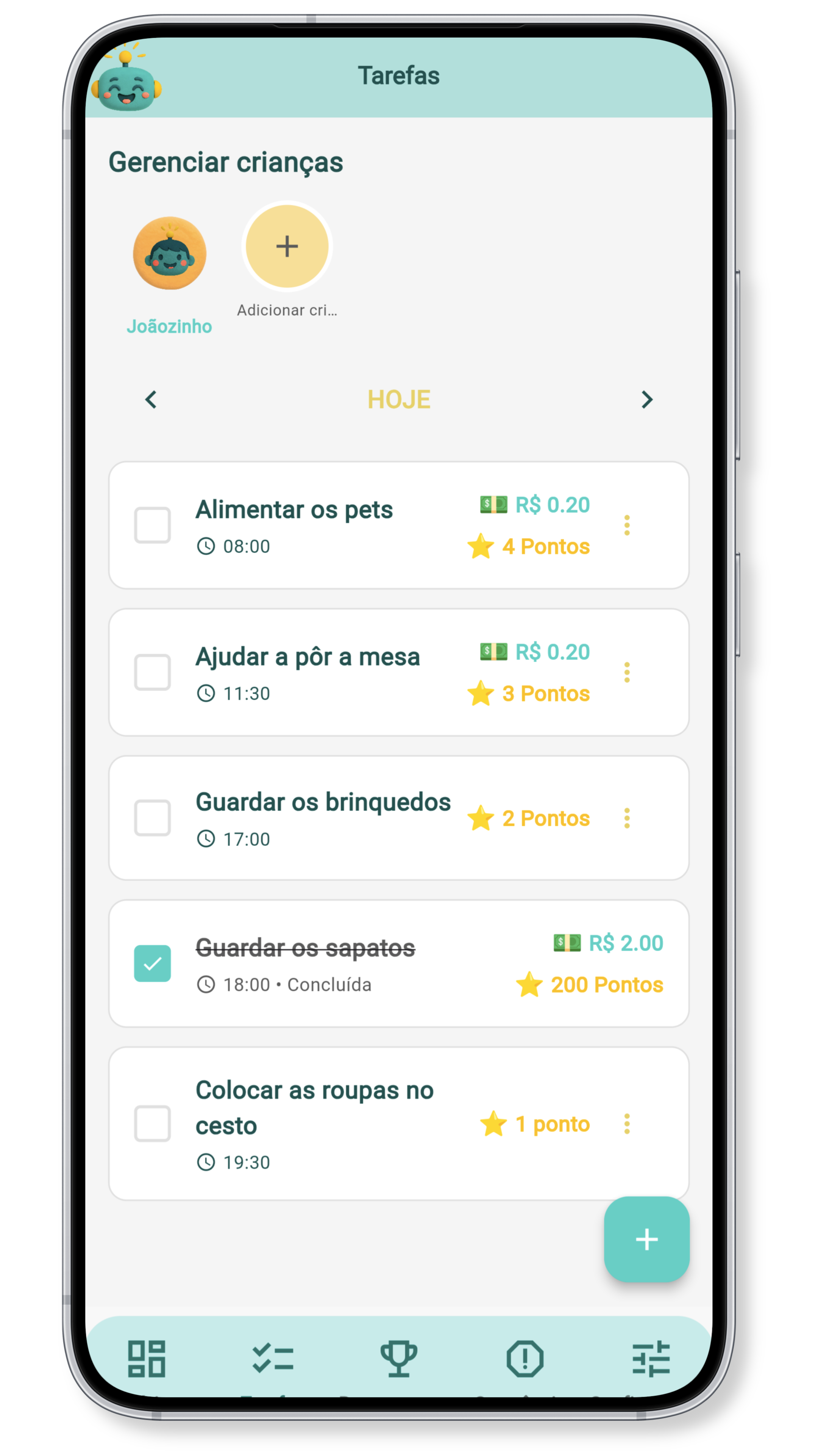 Passo 2: Tela de gerenciamento de tarefas mostrando atividades diárias e acompanhamento de progresso