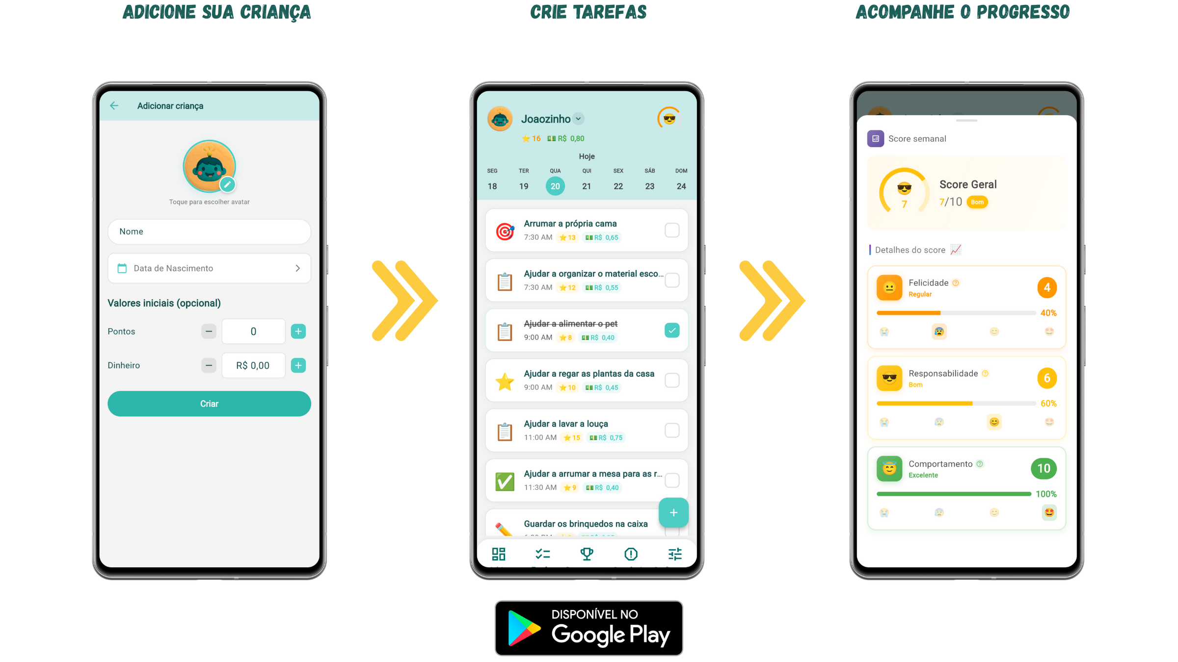 App de tarefas infantis mostrando como adicionar criança, criar tarefas e acompanhar o progresso